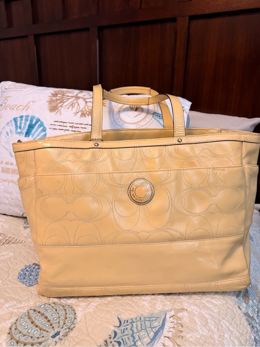 Coach Pale Yellow Leather Tote with Signature Motif